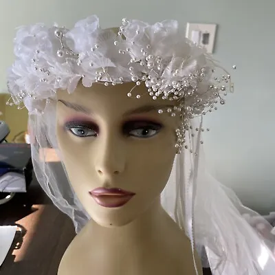 Vintage Bridal Wedding Veil Tulle & Floral Lace Bride Headpiece Medium Length • $19.99