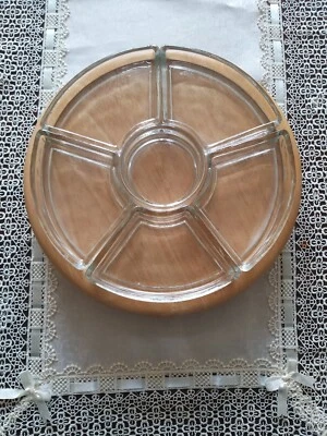 £39.95 • Buy Vintage Wooden & Rare Clear Glass Rotating Lazy Susan Dip Snack Set 1970/80's