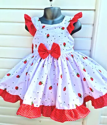 Dream SALE 12-18 MONTH Baby Girls Summer Red Strawberries Tie Belt  Twirly Dress • £19.99