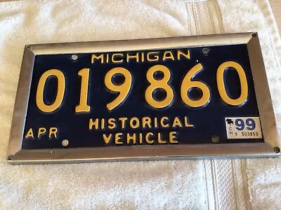 1999 MICHIGAN HISTORIC VEHICLE License Plate W/ Chrome Holder #019860 • $19.99