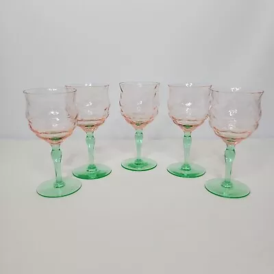 5 Vintage Tiffin Watermelon Pink Optic Bowl Green Stem 5.5  Wine Glasses Glows  • $124.99