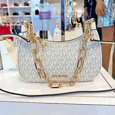 Michael Kors Cora Medium Zip Pouchette Logo Signature Crossbody Bag Light Cream • $89.88