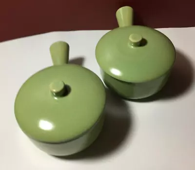 SET OF 2 VINTAGE La Solana USA ~ SAGE GREEN SOUP POT BOWLS HANDLES & LIDS • $25.99