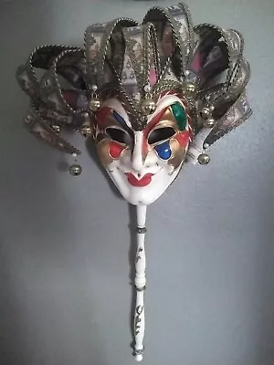 La Maschera Del Galeone W/ Stick Venetian Hand Painted Jester Mask Venice  • $75