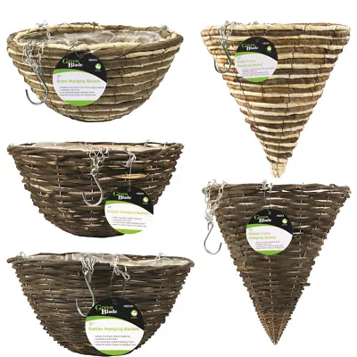 Rattan Rope Natural Wicker Hanging Baskets 12  14   Round Conical Lined Planter • £7.99