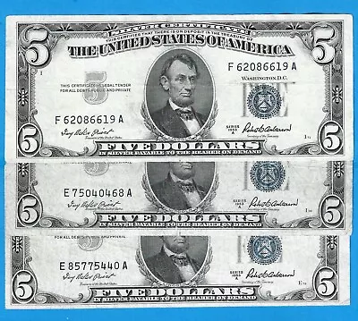 1953 A $5 Silver Certificates 3) NotesBlue SealCirc VFNice! • $15