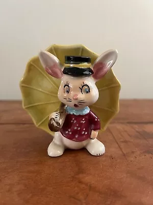 Vintage Japan Kitsch Colourful Ceramic Bunny With Umbrella Planter Pen Holder • $28