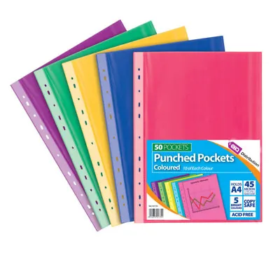 A4 50 Coloured Plastic Wallets Clear Strong Punched Ring Binder File Pockets • £3.79