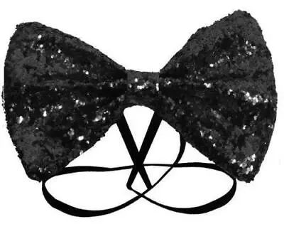 Black Elasticated Glitter Bow Tie - FANCY DRESS COSTUME MENS LADIES PARTY • £6.29