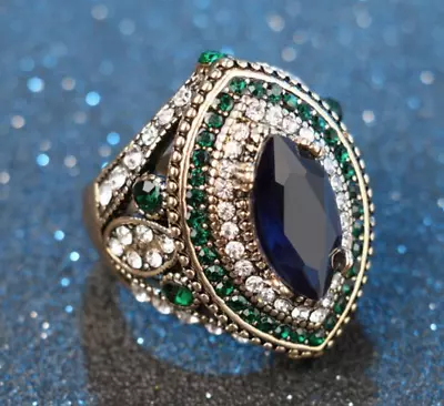 Women Turkish Vintage Style Ring Water Drop Blue And Green Crystal  • $13.99