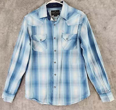 Cody James Shirt Mens Medium Blue Plaid Western Slim Fit Pearl Snap Long Sleeve • $24.99