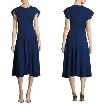$39.99 • Buy NWOT Zac Posen Dress Size 8 Navy Blue Eyelet Flutter Short Sleeve Midi Retro