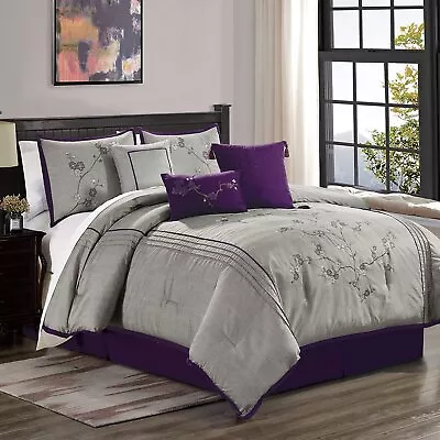 Purple Gray Embroidered Floral Blossom 7pc Comforter Set Full Queen Cal King Bed • $140.90