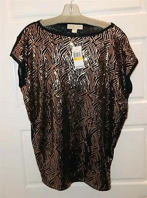 New Michael Kors Sz M Black Gold Sequin Blouse $140rt • $45