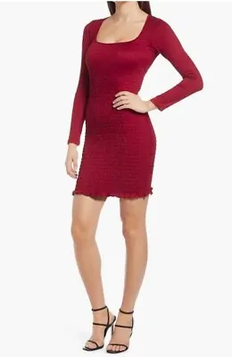 Row A Women's Fully Smocked Long Sleeve Mini Dress In Deep Red Medium MSRP $39 • $9.75