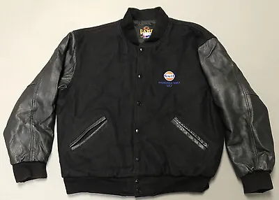 $65 • Buy Vintage Game Sportswear Men's Wool Leather Gulf Gas  Varsity Jacket Sz L Black