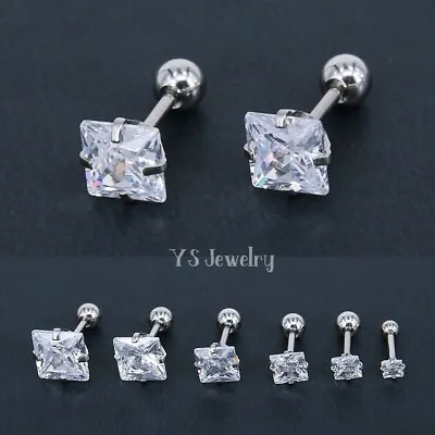 Mens Womens Silver Square Cubic Zirconia Stud Earrings Screw Back Surgical Steel • $9.39