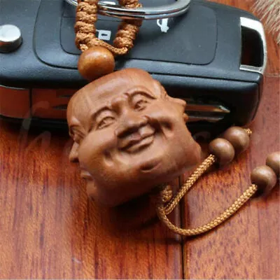 £3.84 • Buy Chinese Feng Shui Wood Carving Four Face Happy Buddha Head Statue Key Chain Ring