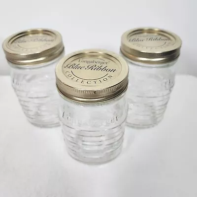 3 Longaberger Vintage Blue Ribbon Weave Design Pint Clear Canning Jars+Lids USA • $30