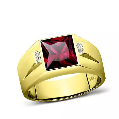 10K Real Yellow Fine Gold Red Ruby Ring For Men With 4 Natural Diamond Accents • $649