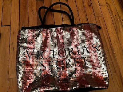 Victorias Secret Sequin Pink Silver Large Zipper Closure Tote Bag 15”x 21” • $9.50