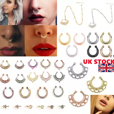 £2.99 • Buy UK Fake Septum Clicker Nose Ring Non Piercing Hanger Clip On Jewellery Crystal