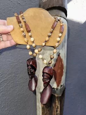 Pair Tiki Faces Mid Century Modern Wood Carved Bead Necklace-Curtain Swags 23  L • $25