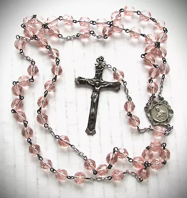 Vintage Sterling Silver + Faceted Bead Rosary Light Pink Glass Crystal • $34.95