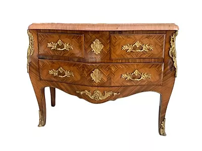 Marquetry French Bombe  Inlaid Chest Of 3 Drawers Louis XV With Cream Marble Top • $2100