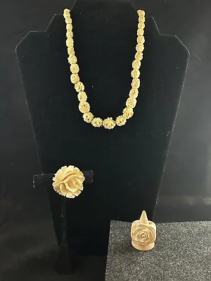 Vintage Carved Cream Colored Rose Jewelry Lot Necklace Krementz Brooch Ring • $25