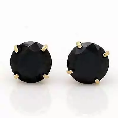 14K Yellow Gold Simulated Black Diamond Round Push Back Stud Earrings 3-8mm • $50.16