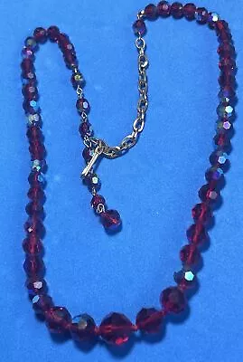 Vintage Red Aurora Borealis Glass Faceted Beaded Necklace Mid Century Adj 22” • $38.25