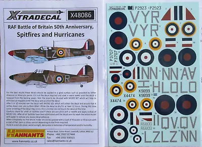 Xtradecal 1/48 X48086 RAF Battle Of Britain Spitfire + Hurricane Decal Sheet • £8.71