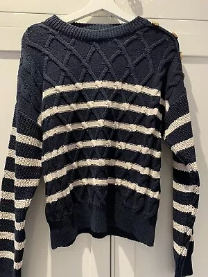ONLY LIFE NAVY & Ecru WHITE Stripe NAUTICAL TEXTURED CABLE KNIT JUMPER M • £10