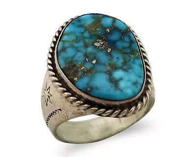 $249 • Buy Navajo Ring 925 Silver Morenci Spiderweb Turquoise Native American Artist C.80's