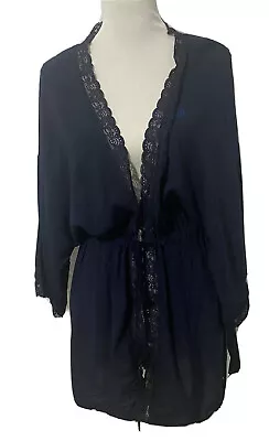 Vera Bradley Women's Robe Classic Navy Tie Belt Lace Trim Rayon Short Size XL  • $29.99