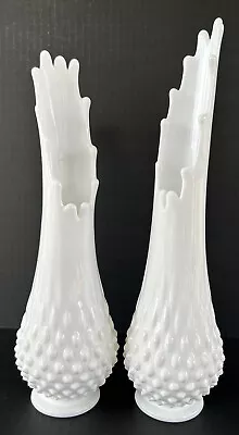 Vintage Swung Vase Pair Stretch Hobnail Milk Glass Fenton Art Glass 12” 13.5” • $130