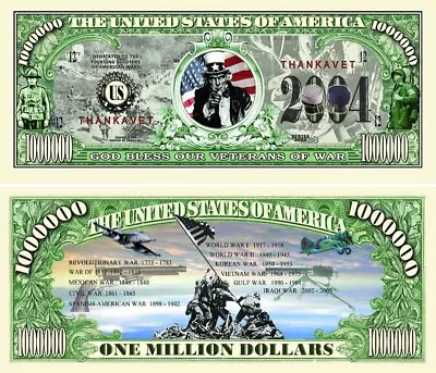 Pack Of 100 - Veterans Of War – Thanks A Million Dollar Bill Novelty Bill • $19.95