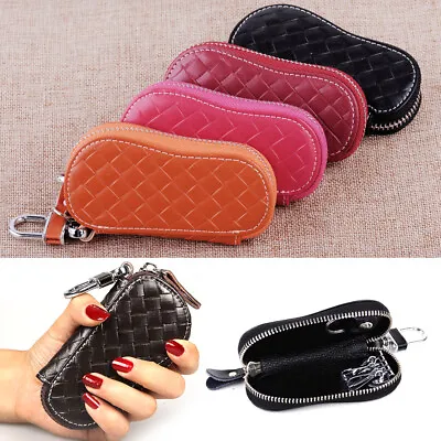 Men Genuine Leather Weave Auto Car Key Bag Pouch Remote Keychain Key Case Holder • $10.54