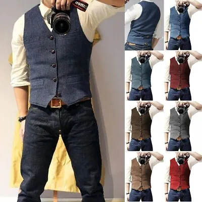 Mens Vintage Tweed Vest Herringbone Groom Cowboy Waistcoat S M Large XL XXL 3XL • $25.17