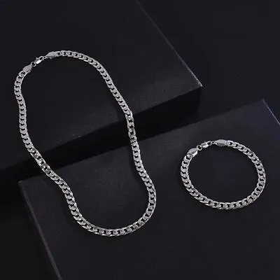 925 Sterling Solid Silver 7MM Men Cuban Curb Chain Necklace +Silver Bracelet Set • £5.99