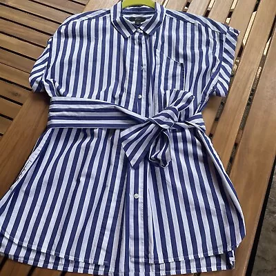 J Crew Shirt Tunic Belted Straps Blue And White Short Sleeve M • $14