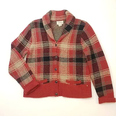 Ralph Lauren Plaid Cardigan UK 14 Women Sweater Check Red Wool Mix Denim Supply • £35