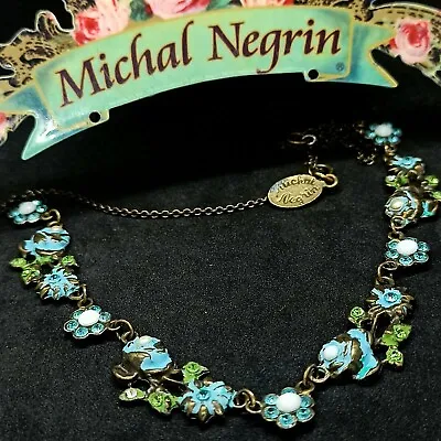 Michal Negrin Flowers Necklace Blue Enamel Faux Pearl & Swarovski Crystals Gift • $63.20