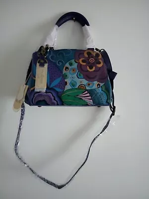 Anuschka Leather Hand Painted  Tribal Potpourri Eggplant  Satchel Small Handbag • £164.99