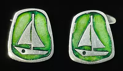 NICE Vintage Sterling Silver & Green Enamel Sailboat Yacht Bar & Chain Cufflinks • $49.95