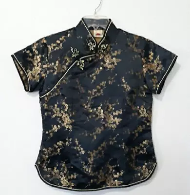 Vintage Da Hwa Cheongsam Top Black Brocade Gold Floral Size S • $19.95