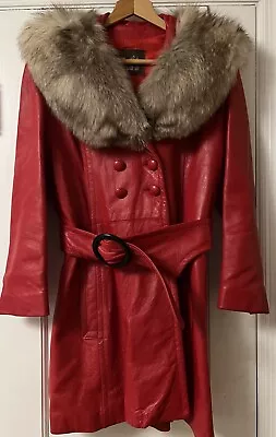 Vintage 70s Red Leather Jacket By Dan Di Modes Fur Collar Penny Lane Coat 10 • $120