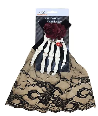 Ladies Skeleton Bone Hand Velvet & Rose Hair Clip Halloween Fancy Dress NEW • $13.99