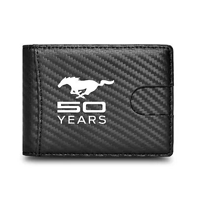 Mustang 50 Years Black Slim Leather Carbon Fiber Patterns RFID Blocking Wallet • $40.99